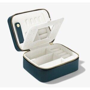 PAVOI Faux Leather Zippered Mirror Travel Jewelry Box In Emerald Green New